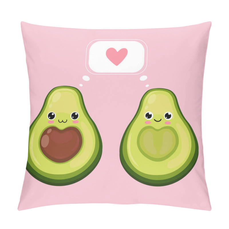 Personality  Happy Cute Smiling Avocado Couple In Love. Vector Flat Cartoon Character Illustration Icon.Isolated On Pink Background. Cute Avocado Character, Love Card Concept Pillow Covers