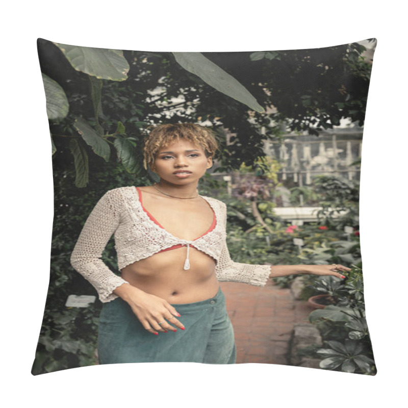 Personality  Confident Young African American Woman In Knitted Top And Skirt Touching Green Plant While Standing In Blurred Garden Center, Stylish Lady Surrounded By Lush Greenery, Summer Pillow Covers