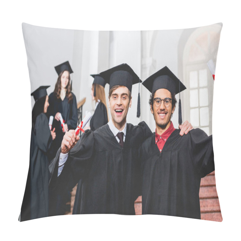 Personality  Selective Focus Of Cheerful Men In Graduation Caps Holding Diplomas Near Students  Pillow Covers