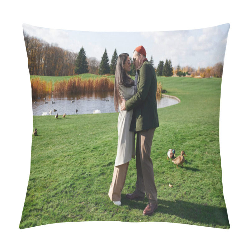 Personality  A Loving Couple Enjoys A Warm Moment Together While Surrounded By Autumn Colors Near A Serene Pond. Pillow Covers