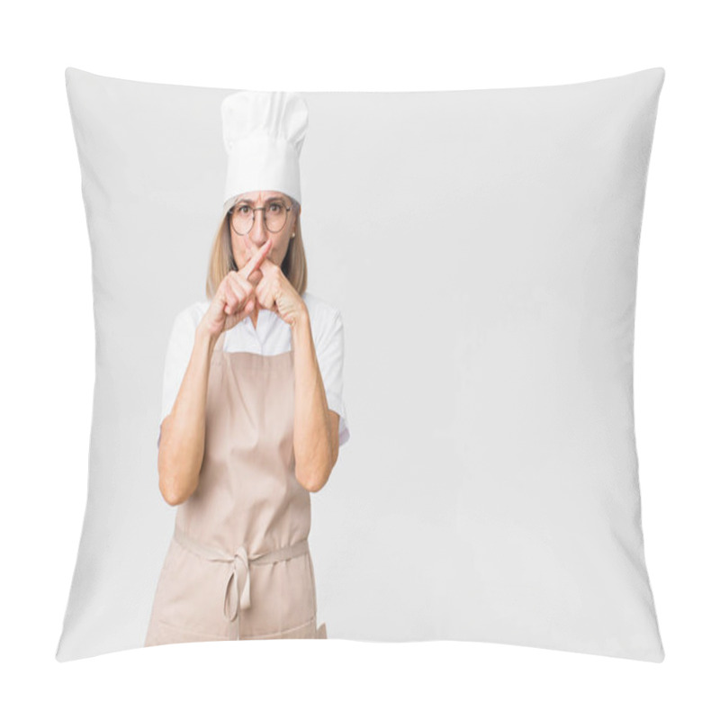 Personality  Middle Age Baker Woman Yawning Lazily Early In The Morning, Waking And Looking Sleepy, Tired And Bored Against Flat Wall Pillow Covers