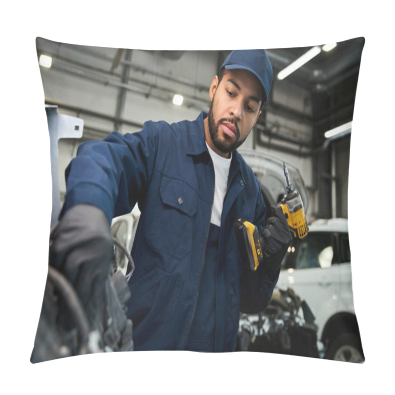 Personality  Young Mechanic Focuses Intently On Repairing A Vehicle Engine With Expert Tools And Precision. Pillow Covers