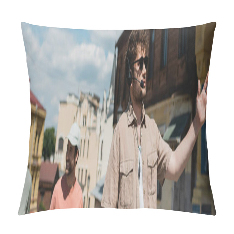 Personality  Tour Guide In Sunglasses And Headset Pointing With Hand During Excursion On Andrews Descent In Kyiv, Banner Pillow Covers