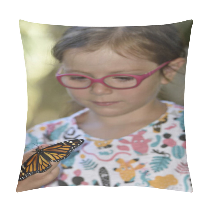 Personality  Small Girl Holds In Her Hands A Monarch Butterfly That Has Just Been Born Pillow Covers