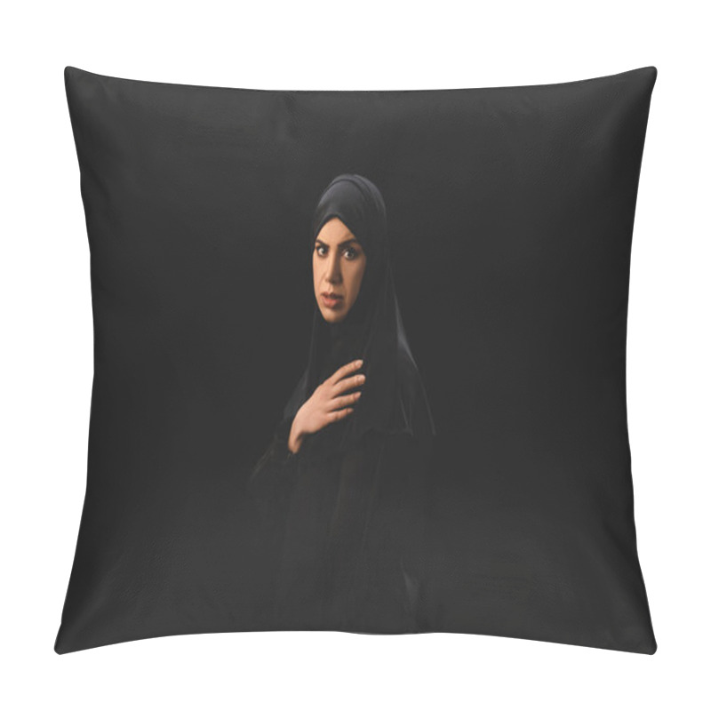 Personality  Side View Of Muslim Woman Looking At Camera Isolated On Black  Pillow Covers