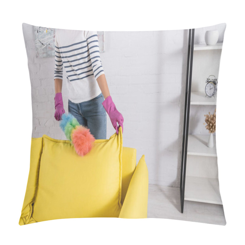 Personality  Cropped View Of Woman Cleaning Couch During Housework  Pillow Covers