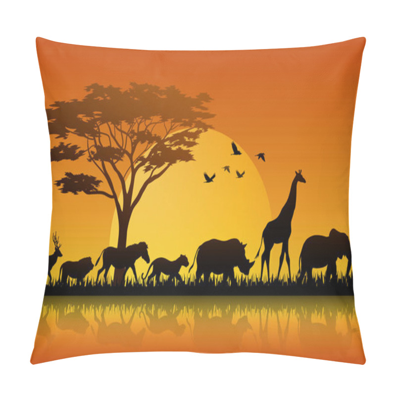 Personality  Vector Illustration Of Silhouette Animals On Lake Savannas Pillow Covers