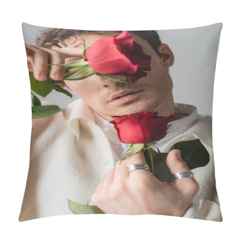 Personality  Stylish Man In White Jacket And Silver Finger Rings Obscuring Face With Red Roses Isolated On Grey Pillow Covers