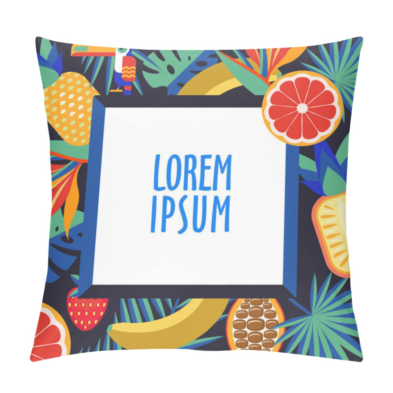 Personality  Frame With Tropical Flowers, Fruits, Palm Leaves And A Toucan. Vector Illustration. Pillow Covers