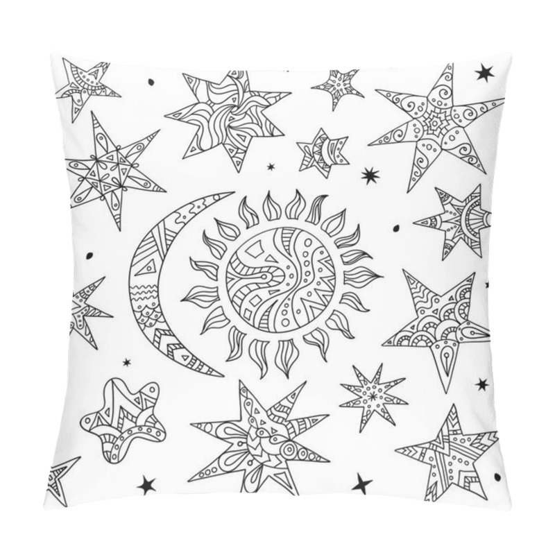 Personality  Vector Doodle Elements Of The Night Sky. Stars, Sun And Moon. Pillow Covers