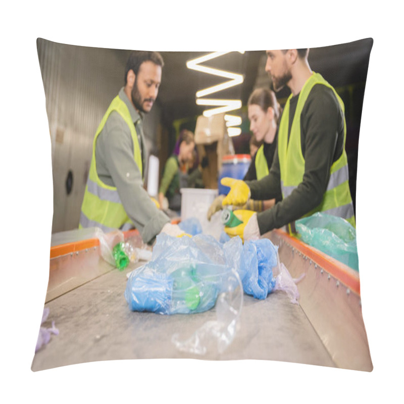 Personality  Plastic Trash On Conveyor Near Blurred Multiethnic Workers In High Visibility Vests And Gloves Working Together In Garbage Sorting Center, Garbage Sorting And Recycling Concept Pillow Covers