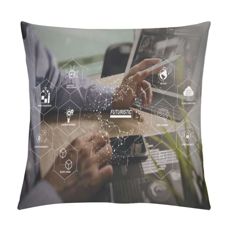 Personality  Futuristic In Industry 4.0 And Business Virtual Diagram With Ai, Robot Assistant, Cloud, Big Data And Automation. Businessman Hand Working Concept. Documents Finance Graphic Chart.  Pillow Covers