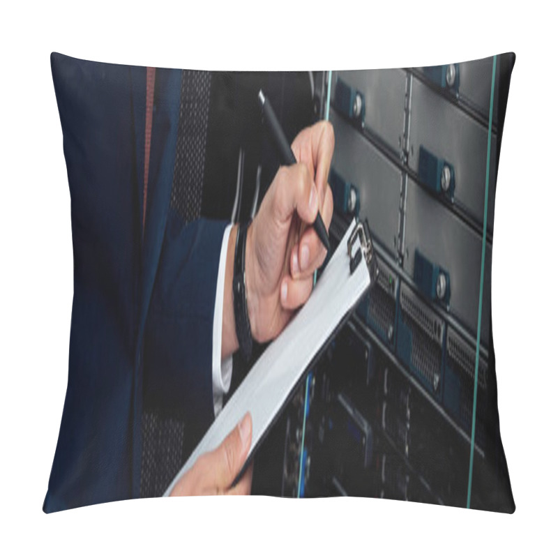 Personality  Panoramic Shot Of Man In Suit Holding Clipboard And Pen In Data Center  Pillow Covers