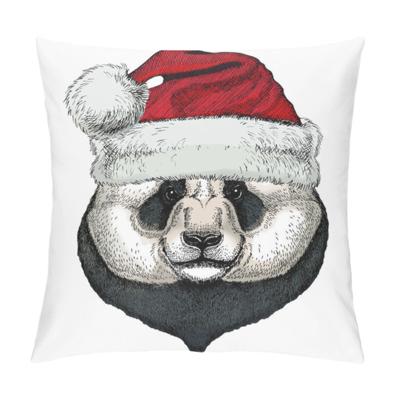 Personality  Panda, Bamboo Bear Portrait. Christmas Red Santa Claus Hat. Head Of Big Panda. Christmas Winter Animal. Pillow Covers