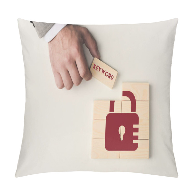 Personality  Partial View Of Man Holding Brick With 'keyword' Lettering Over Wooden Blocks With Lock Icon Isolated On White Pillow Covers