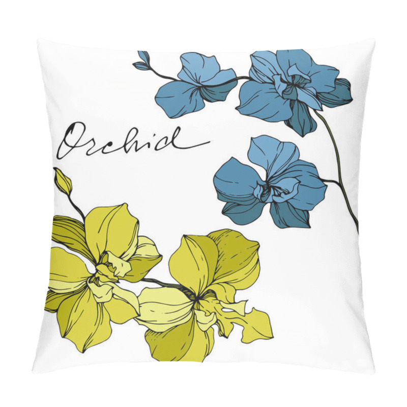 Personality  Vector Yellow And Blue Orchids Isolated On White. Engraved Ink Art. Pillow Covers