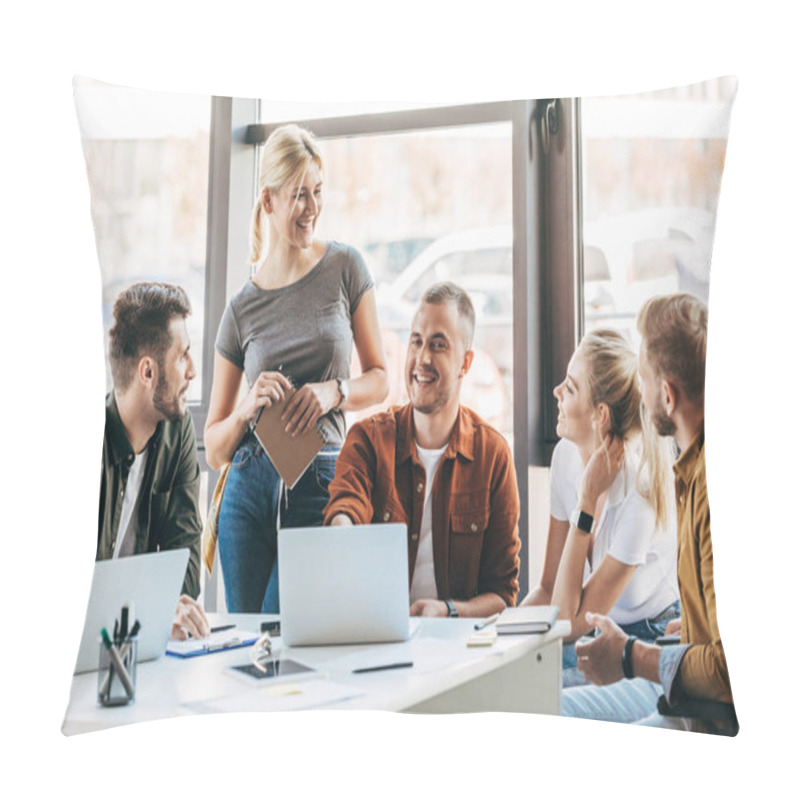 Personality  Happy Young Entrepreneurs Working On Startup Together At Office Pillow Covers