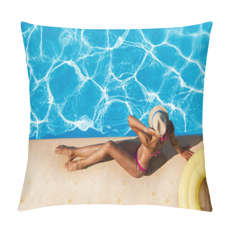 Personality  Aerial View Of Beautiful Tanned Young Woman Sitting At The Poolside And Looking At Water Surface With Copy-space Pillow Covers