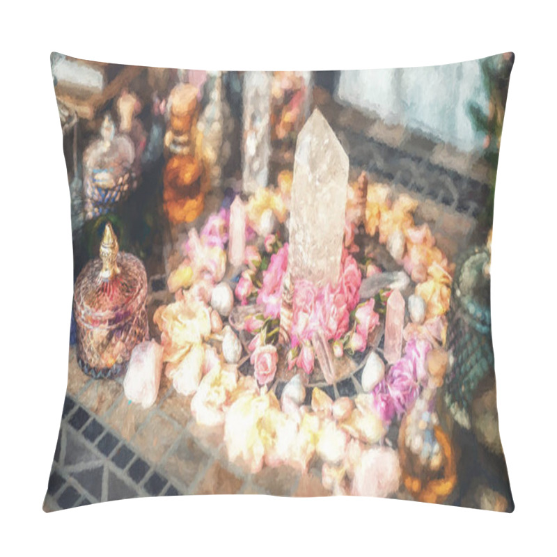 Personality  Beautiful Altar With Crystals And Rose Flowers. Painting Effect Pillow Covers