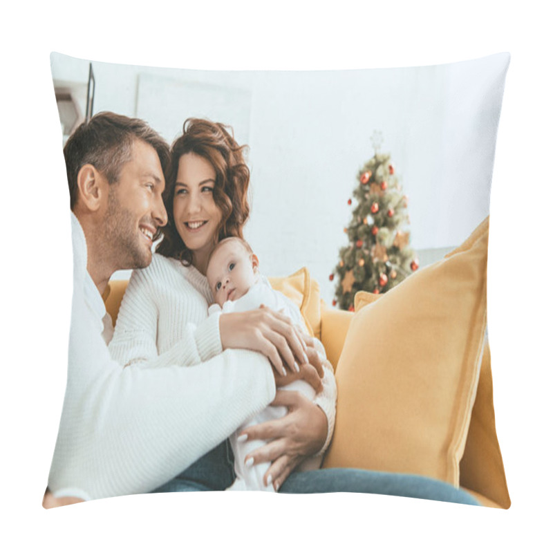 Personality  Happy Man Embracing Wife With Sitting On Sofa And Holding Cute Baby Pillow Covers