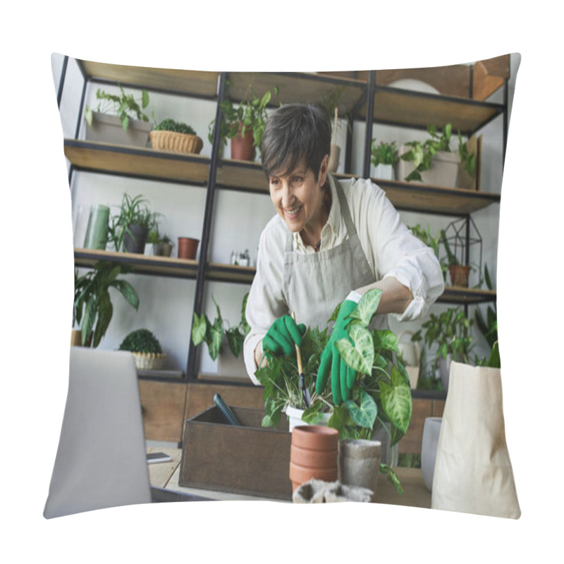 Personality  A Woman Nurtures Her Plants With Loving Care In Her Serene Indoor Garden. Pillow Covers