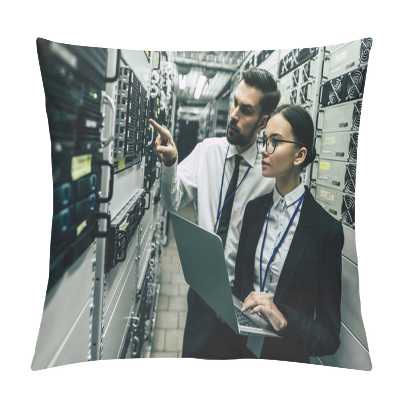 Personality  Man And Woman In Data Centre Pillow Covers