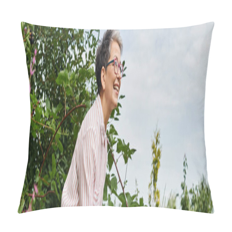 Personality  Joyful Mature Woman In Casual Attire With Glasses Working In Her Garden With Planting Bed, Banner Pillow Covers