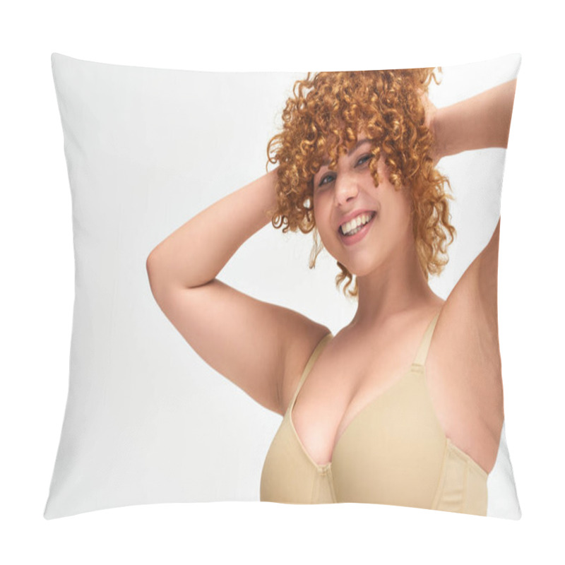 Personality  Cheerful Young Woman With Curvy Breasts Touching Red Wavy Hair On White Backdrop, Plus Size Beauty Pillow Covers