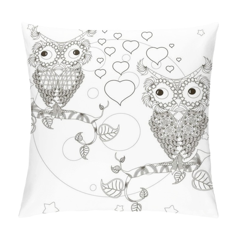 Personality  Zentangle Stylized Monochrome Lovers Owls Sitting On The Tree Branches, Moon, Stars, Hand Drawn, Hearts, Vector Illustration Pillow Covers