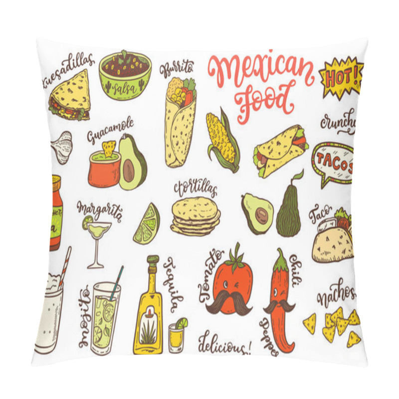 Personality  Mexican Cuisine, Sketch Doodle Food Set. Vector Illustration Pillow Covers