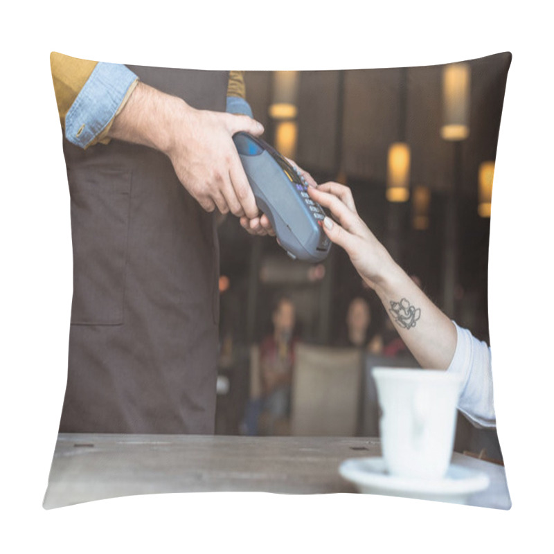 Personality  Cropped Shot Of Waiter Holding Payment Terminal While Client Entering Pin In Cafe Pillow Covers