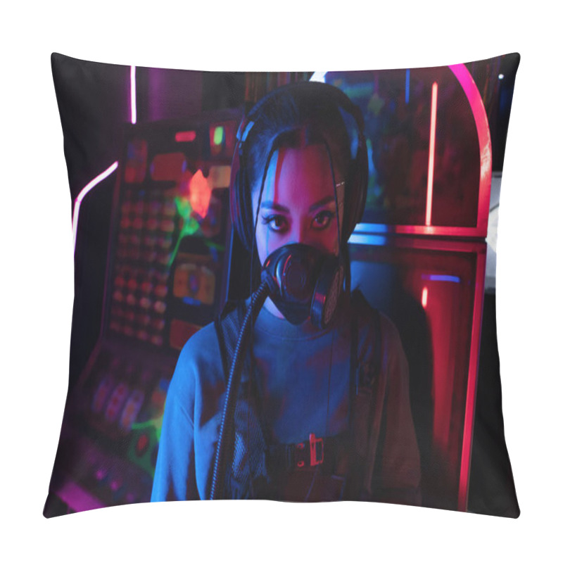 Personality  Young Asian Woman In Gas Mask And Wireless Headphones Looking At Camera Pillow Covers