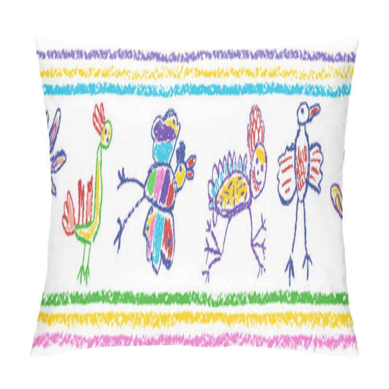 Personality  Seamless Border, Pattern Or Frame Funny Tropical Crazy Doodle Birds Animal Or Insect Set. Crayon Like Kids Hand Drawn Colorful Bright Jungle Flying Monsters. Vector Pastel Chalk Or Pencil Child Art Pillow Covers