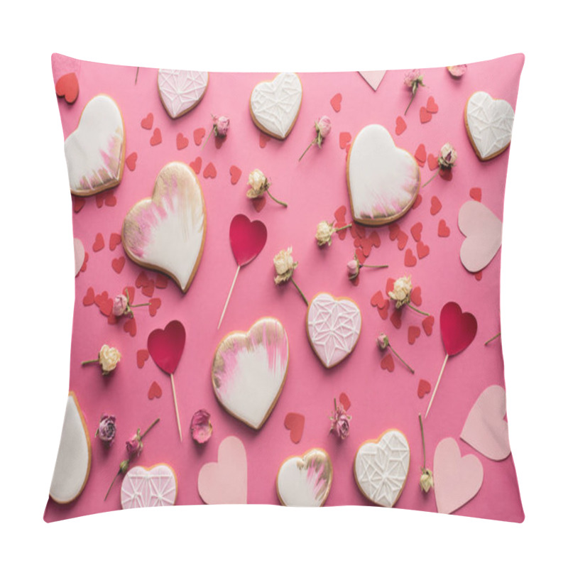 Personality  Flat Lay With Heart Shaped Cookies, Decorative Flowers And Paper Hearts Isolated On Pink, St Valentines Day Concept Pillow Covers