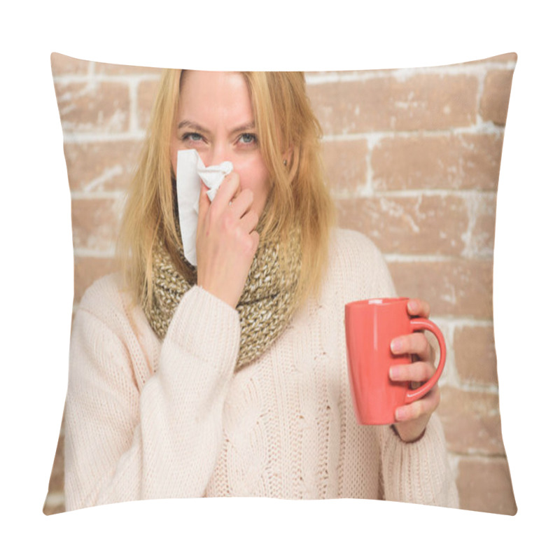 Personality  Cold And Flu Remedies. Remedies Should Help Beat Cold Fast. Tips How To Get Rid Of Cold. Woman Feels Badly Ill Sneezing. Girl In Scarf Hold Tea Mug And Tissue. Runny Nose And Other Symptoms Of Cold Pillow Covers