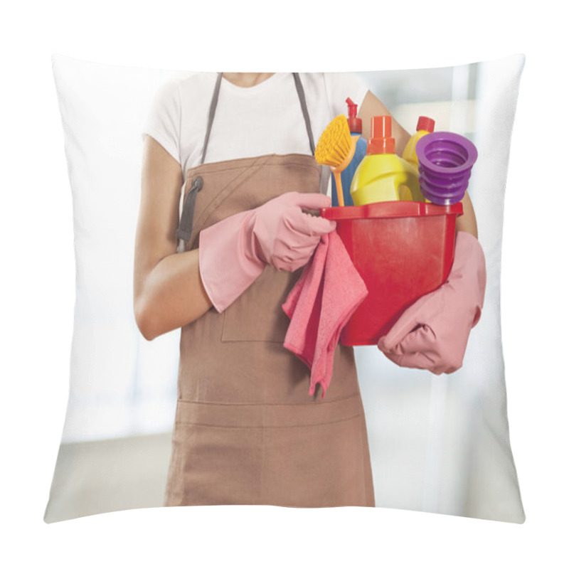 Personality  Woman With Cleaning Supplies In Home Pillow Covers