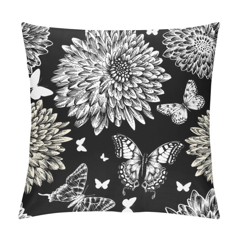 Personality  Seamless Pattern With Chrysanthemums And Butterflies, Hand Drawi Pillow Covers