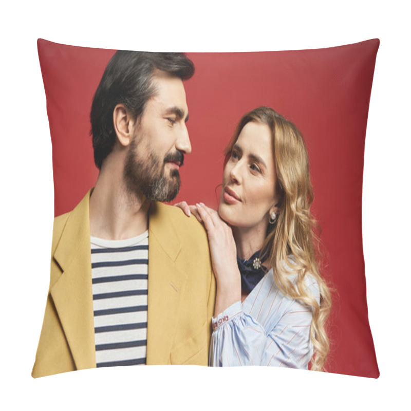 Personality  Middle Aged Duo Engage In A Loving Exchange, Showcasing Warmth And Connection. Pillow Covers