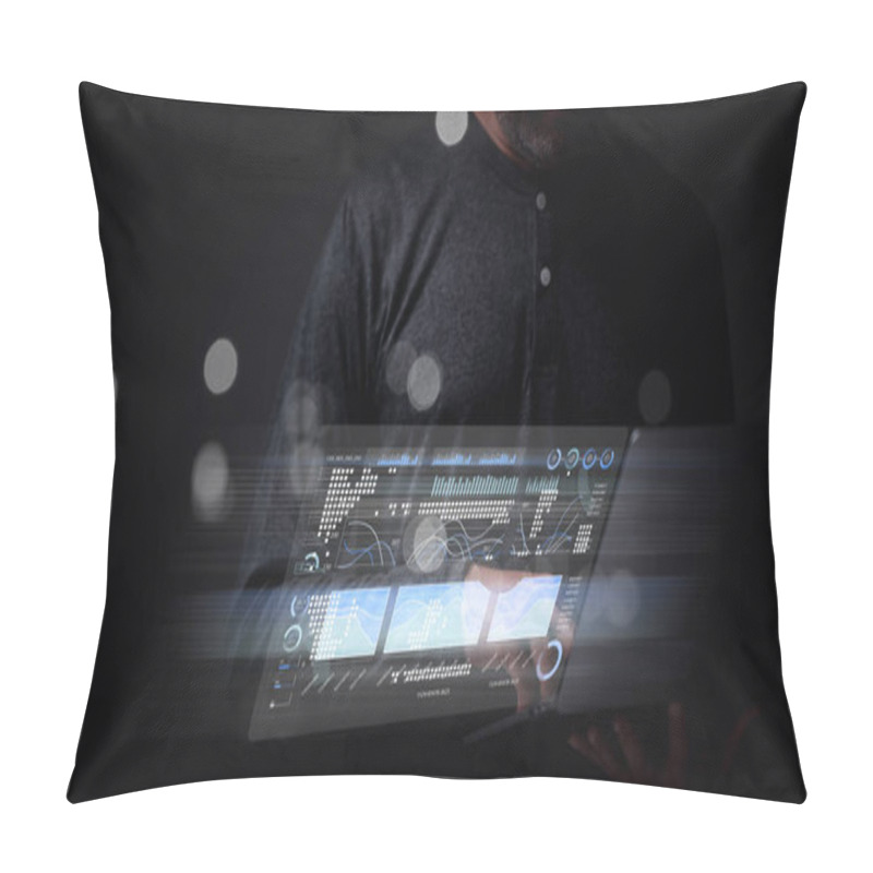 Personality  Person Interacts With Futuristic, Transparent Touchscreen Displaying Various Data Visualizations, Highlighting Integration Of Technology And Analytics In Modern Decision-making Processes Pillow Covers