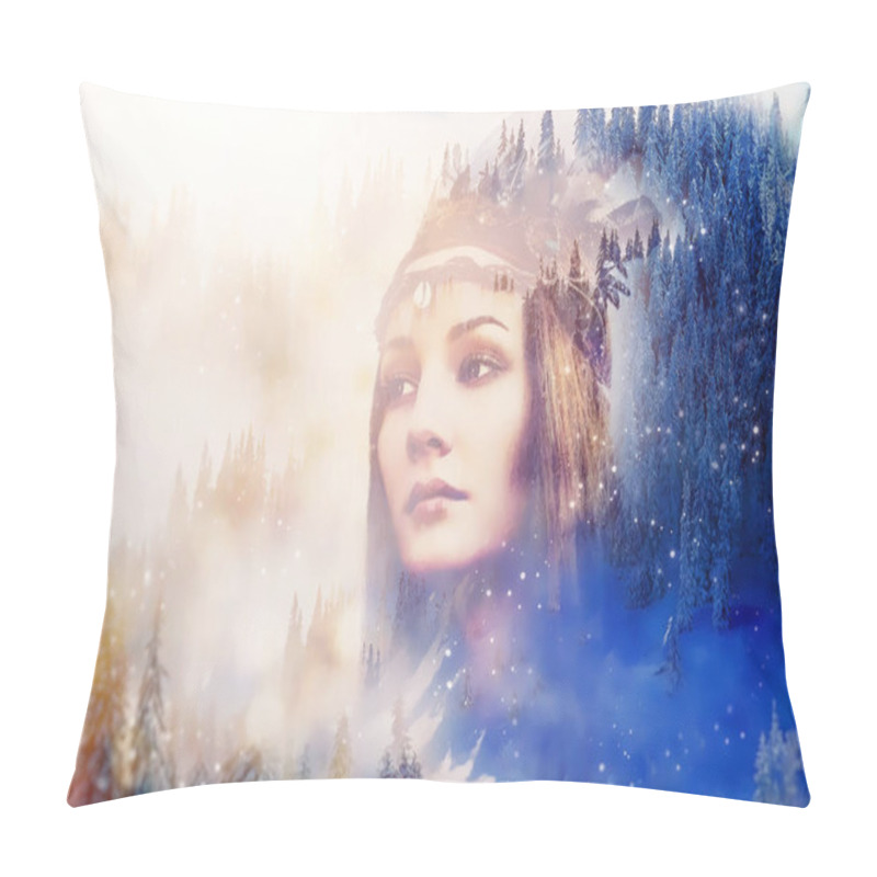 Personality  Shaman Woman In Winter Landscape, Artist Collage. Pillow Covers