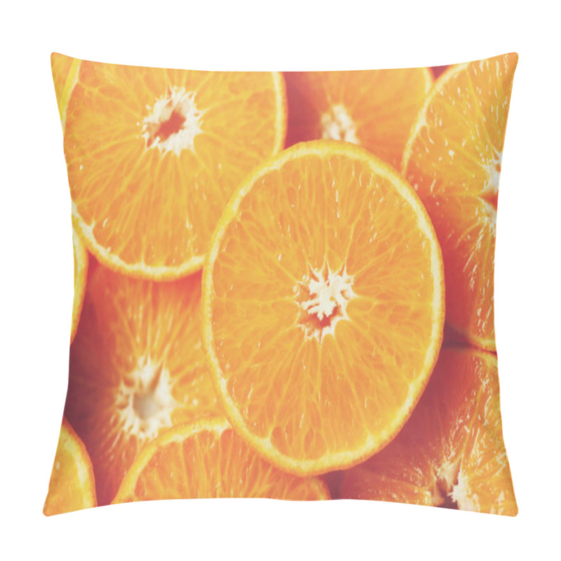 Personality  Fresh Sliced Orange Fruit Texture. Macro, Top View, Copy Space. Food Frame. Juicy Oranges Background Pillow Covers