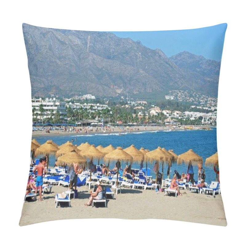 Personality  MARBELLA, SPAIN - SEPTEMBER 04, 2009 - Tourists Relaxing On Puerto Banus Beach With Views Along The Coast, Marbella, Spain, September 04, 2009 Pillow Covers