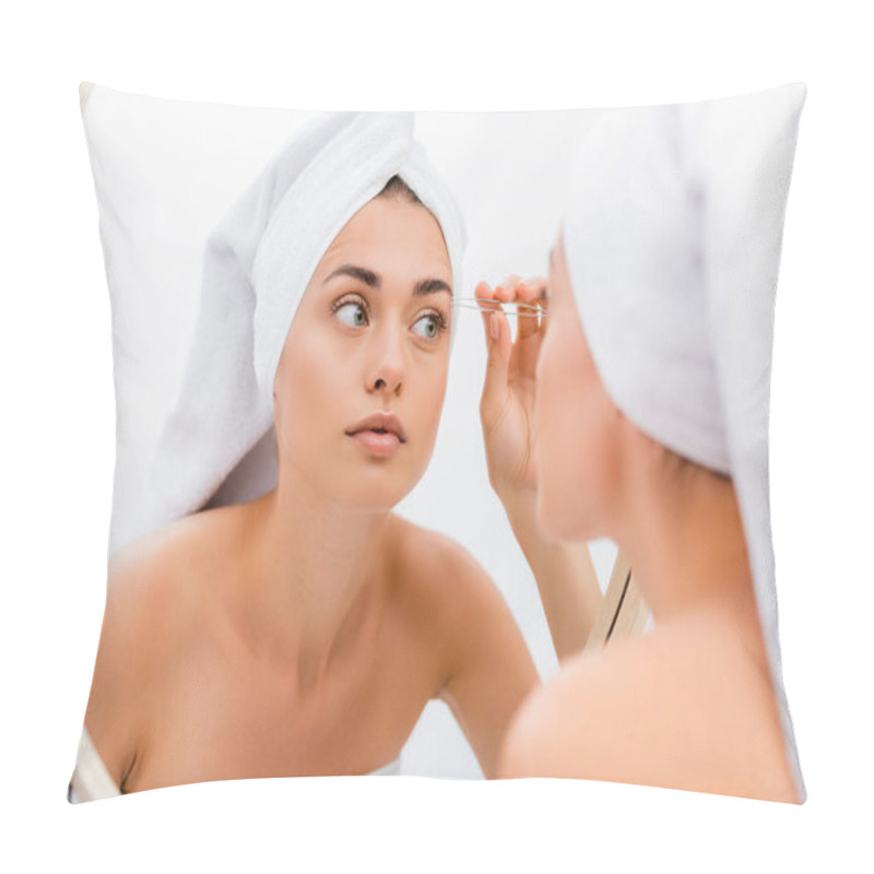 Personality  Woman With White Towel On Head Tweezing Eyebrows In Bathroom Near Mirror, Blurred Foreground Pillow Covers