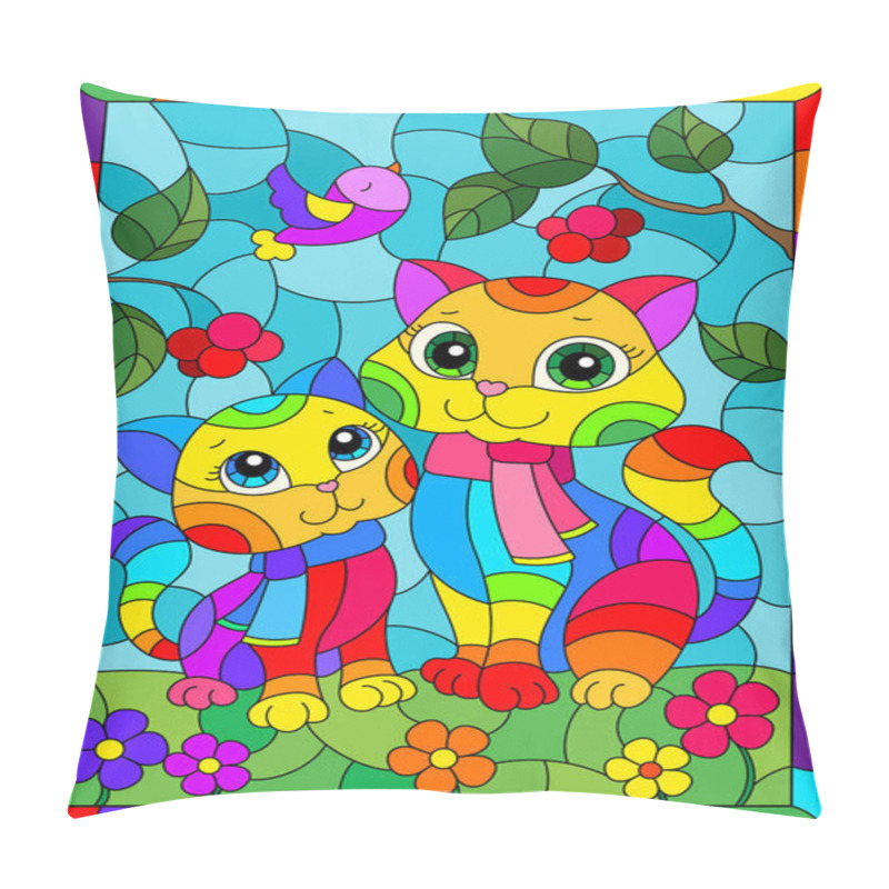 Personality  Stained Glass Illustration With Bright Cartoon Cats Against A Blue Sky  And Flowers, In A Bright Frame Pillow Covers