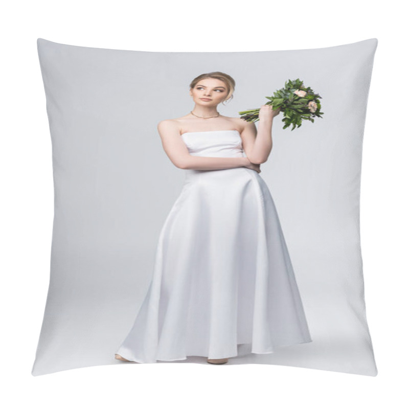 Personality  Pensive Girl In White Wedding Dress Holding Bouquet Of Flowers On Grey  Pillow Covers