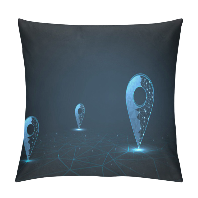 Personality  Light Blue GPS Pin Composed Of Polygon.Traveling Digital Concept.Location Pin Low Poly Design, Vector Illustration On Dark Blue Background. Pillow Covers