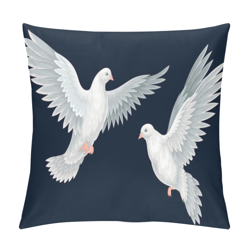 Personality  Beautiful White Doves. Poster With Two Birds Symbolizing Peace And Kindness. Design Element For Card, Invitation And Social Network. Cartoon Realistic Vector Illustration Isolated On Black Background Pillow Covers