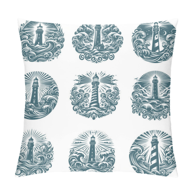 Personality  Vintage Collection Intricate Lighthouse Illustrations With Swirling Ocean Waves In Engraving Style Pillow Covers