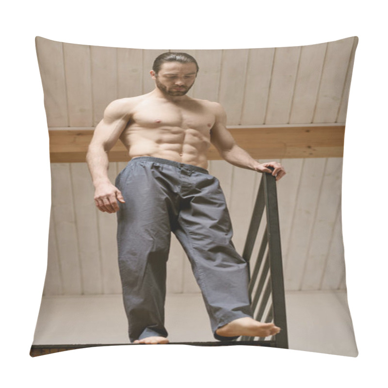 Personality  A Shirtless Man Confidently Climbs A Ladder, Showcasing His Strength And Determination. Pillow Covers