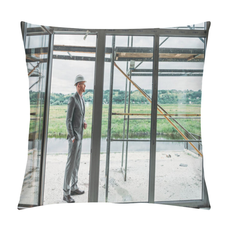 Personality  Handsome Architect In Suit And Hard Hat Standing On Terrace At Construction Site Pillow Covers